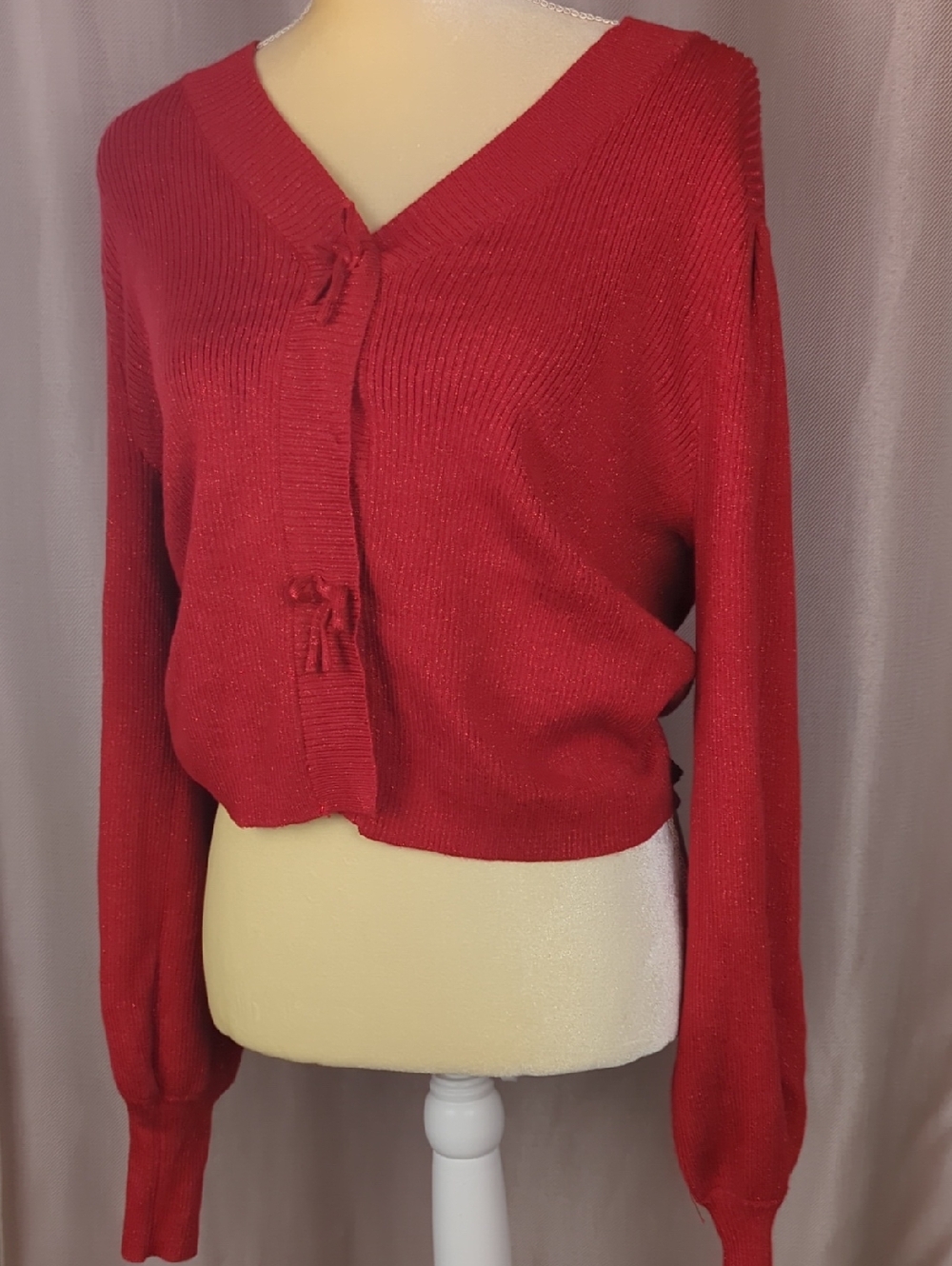 CATO Women's Red Tie Front Ribbed Shimmer Cardigan